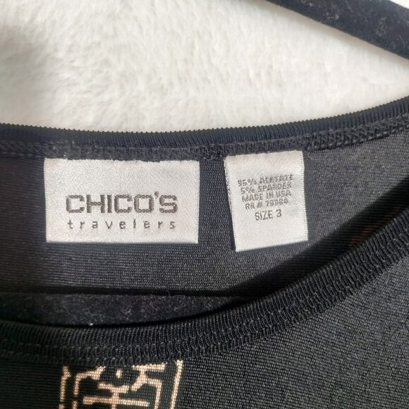 Chicos Travelers 3 Size Large Black Pullover‎ Top Asian Inspired Print Stretch - Picture 3 of 7